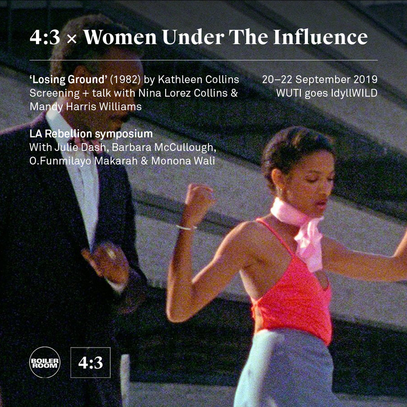 Flyer for event 4:3 x WUTI: 'Losing Ground' screening + L.A. Rebellion symposium.